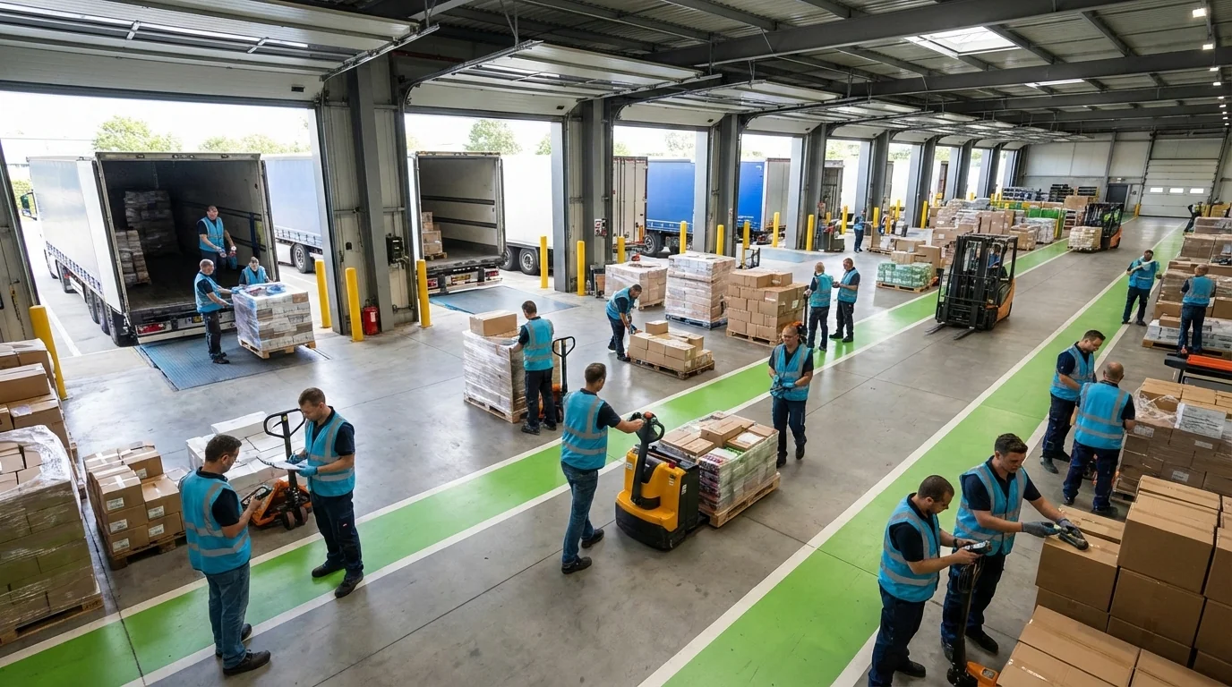 Wide shot of distribution center operations