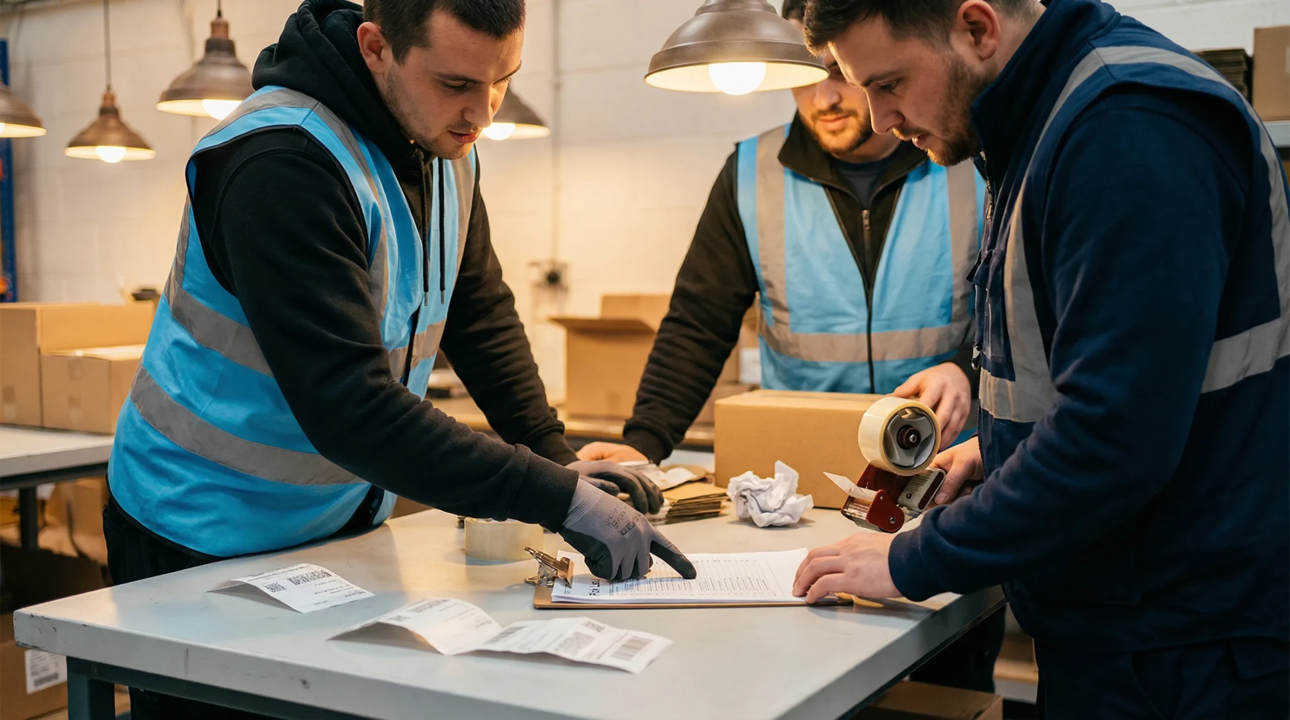 Two workers reviewing pick list