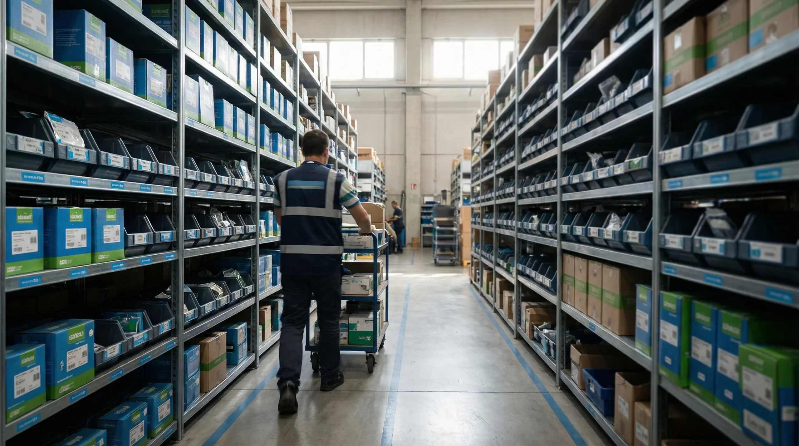 Warehouse aisle with organized shelves