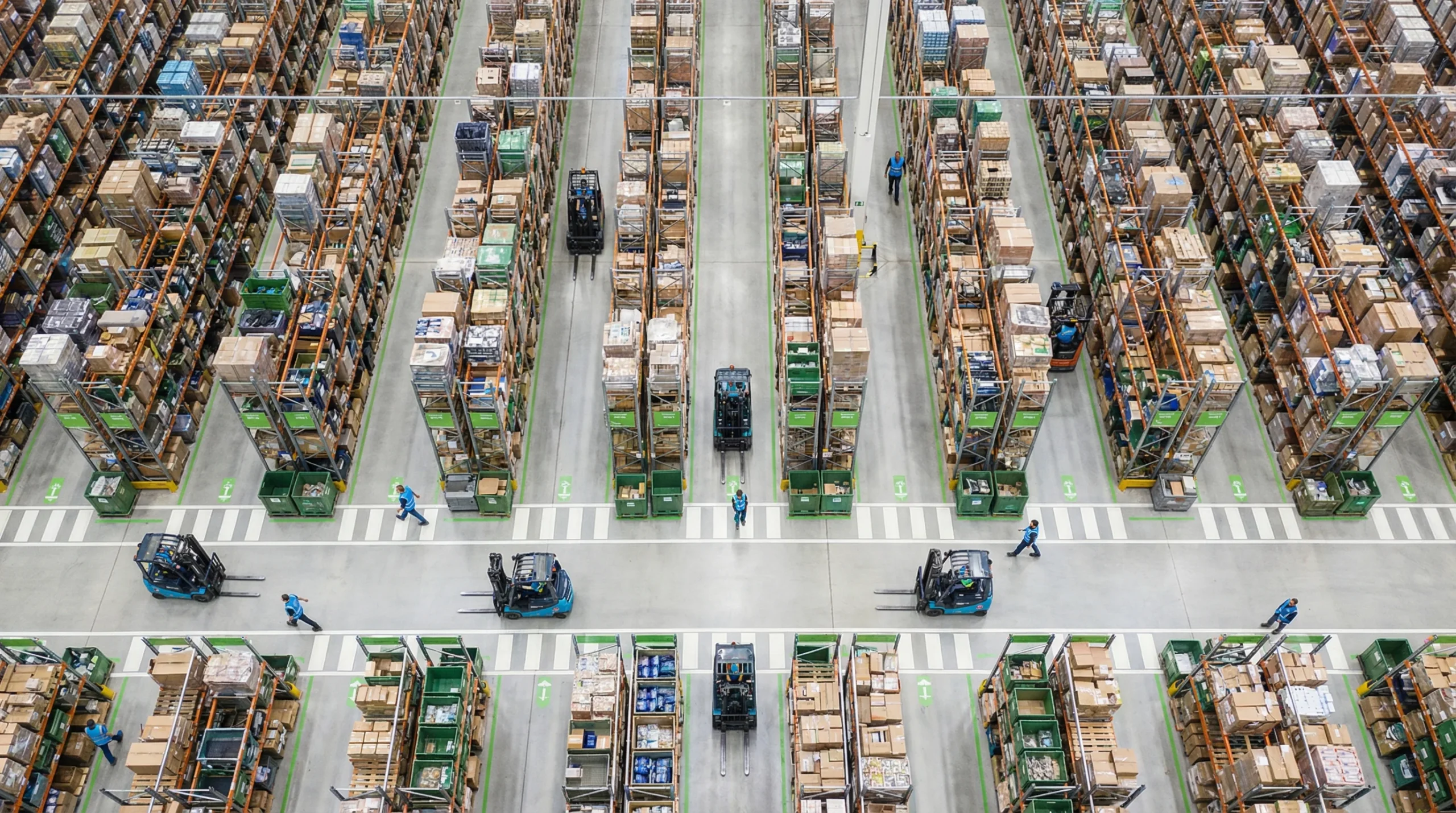 Aerial view of organized warehouse floor