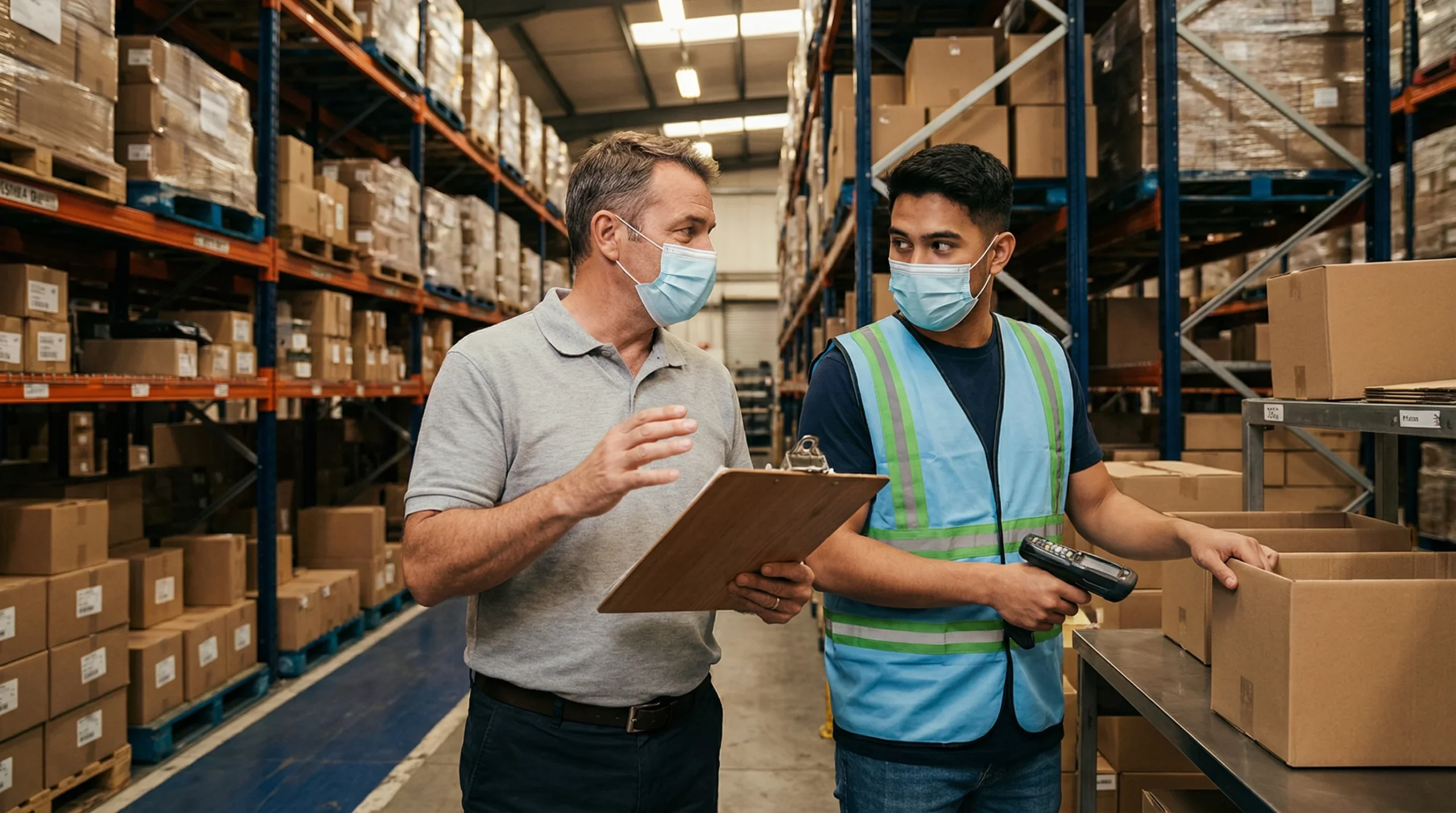 Warehouse supervisor discussing with worker