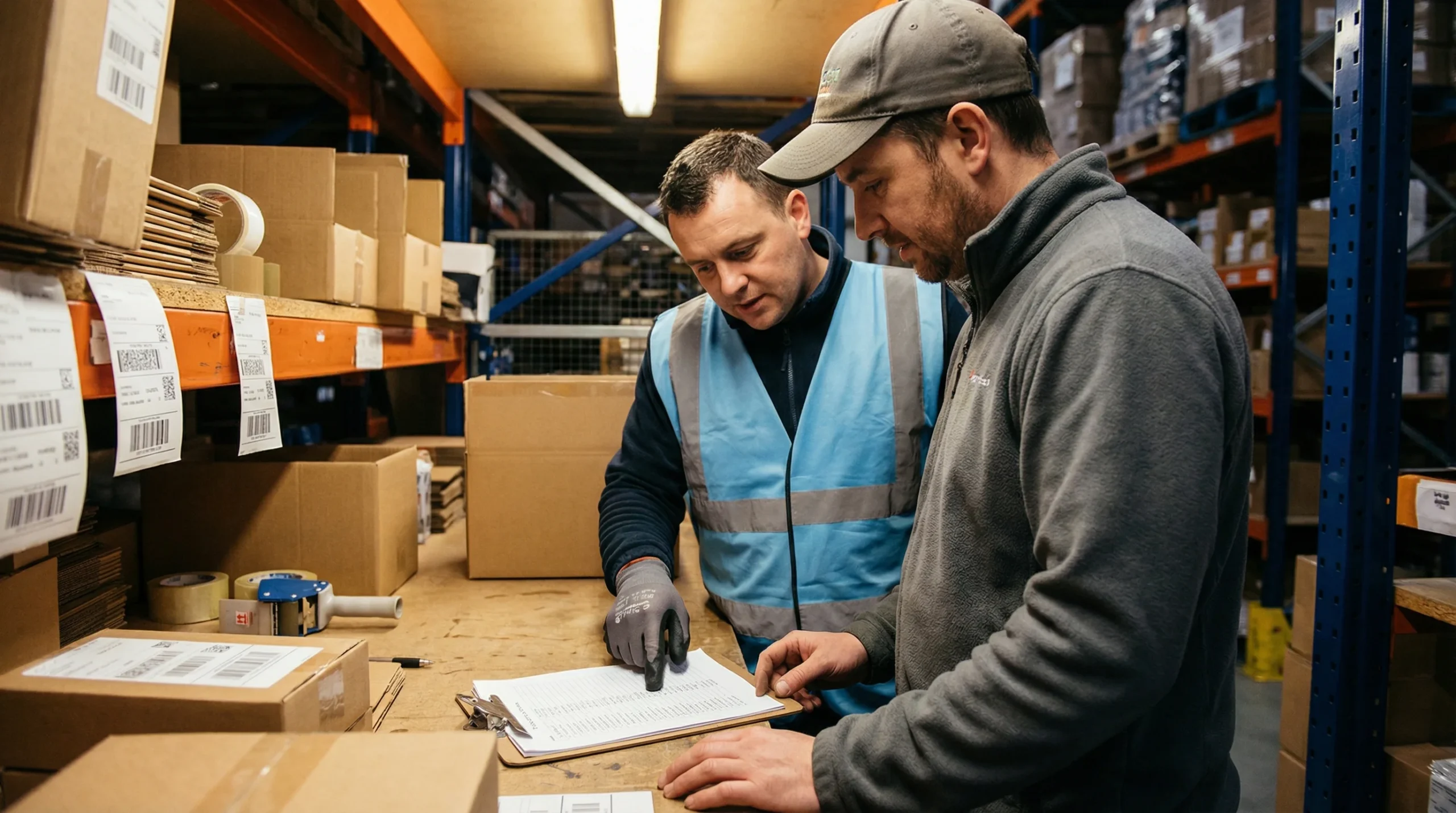 Warehouse workers reviewing pick list