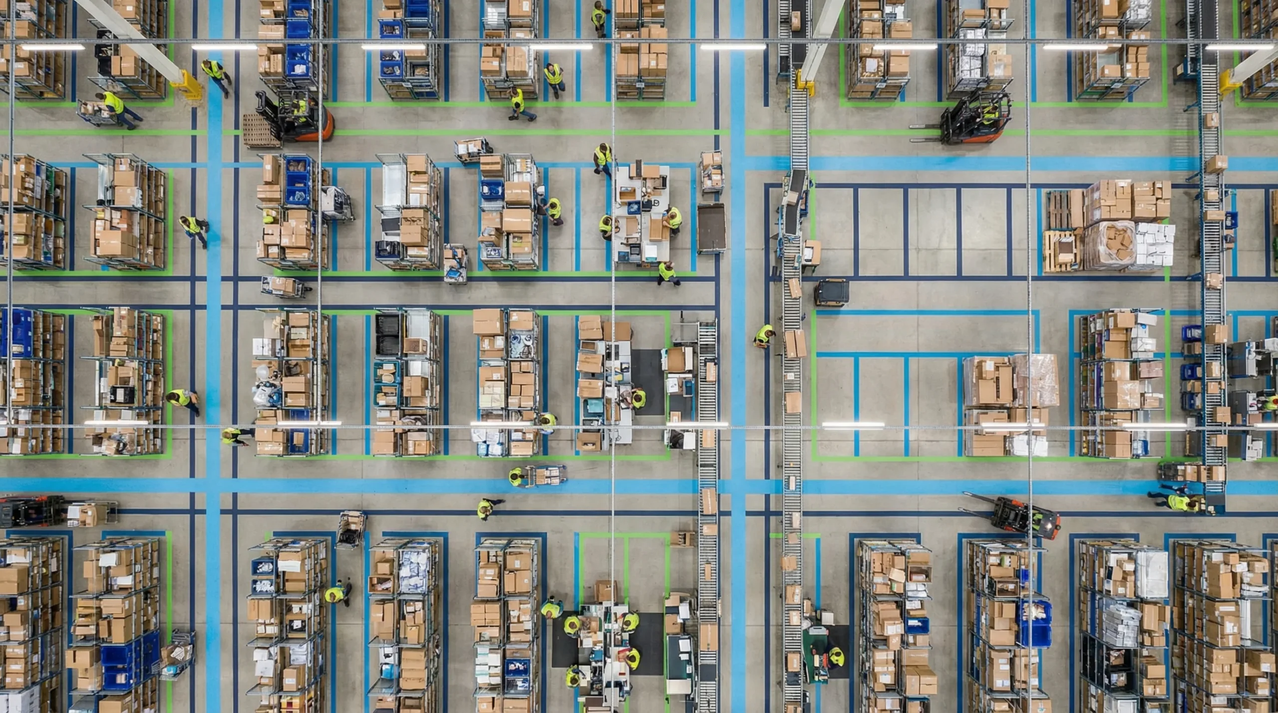 Aerial view of organized warehouse floor