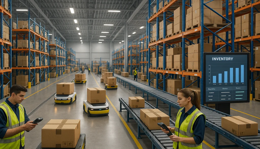 Modern 3PL warehouse with automated robots, workers monitoring inventory management systems